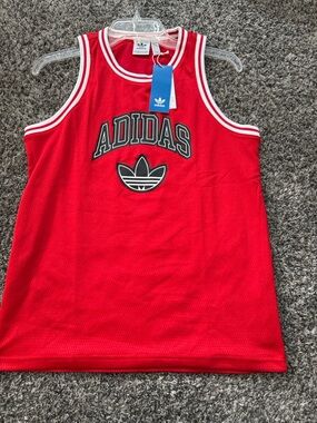 adidas Red Mesh Kids Jersey Tank with Black Trefoil and White Trim